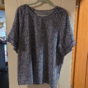 Navy and White Printed Short-Sleeve Blouse